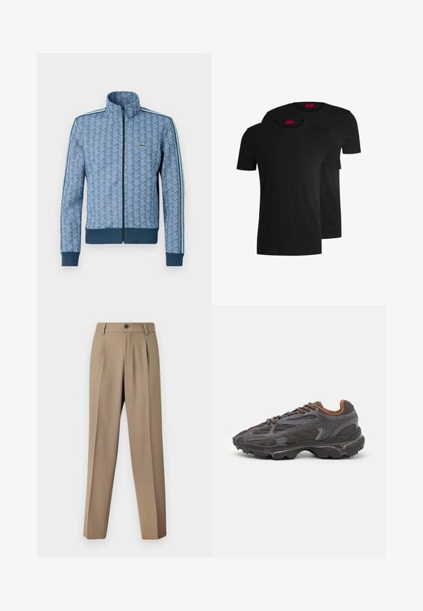 Sinine lukuga jakk geomeetrilise mustriga, soonikustega varrukate ja pöördeosa ning kontrastsete külgtriipudega. Jakk sisaldab väikest logo rinnal.; Kaks musta puuvillast lühikeste varrukatega t-särki, millel on ümmargune kaelus. Mõlemal on kaeluse juures punane brändimärk. Lihtne ja klassikaline disain.; Beeži ülikonnatriiksid lameda esiosa, struktureeritud vöökoha ja ühe nupuga kinnitusega. Kangas on sile ja kergelt tekstureeritud.; Tumed hallid Lacoste tossud, mis on valmistatud võrkkangast ja sünteetilisest materjalist, omavad tekstureeritud talla ning pruune aktsente kaeluse ja brändingu juures.