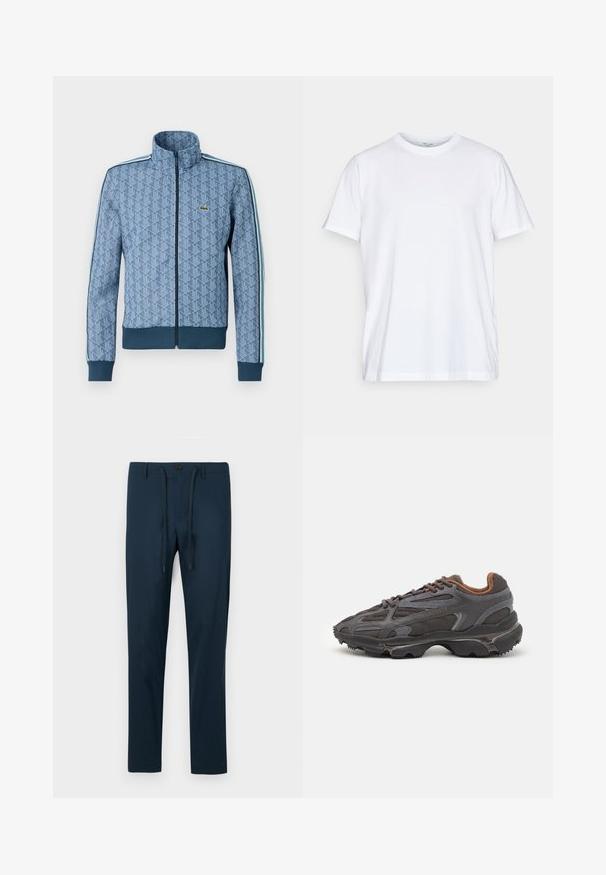 Blue zip-up jacket with a geometric pattern, ribbed cuffs and hem, and contrasting side stripes. Features a small logo on the chest.; White cotton t-shirt with short sleeves, round crew neckline, and a relaxed fit. Features minimalistic design, no patterns or accents.; Navy blue trousers made of lightweight fabric, featuring a button closure and adjustable drawstring, with a slim, tapered fit.; Lacoste sneakers in dark gray with mesh and synthetic material, featuring a textured sole and brown accents on the collar and branding.