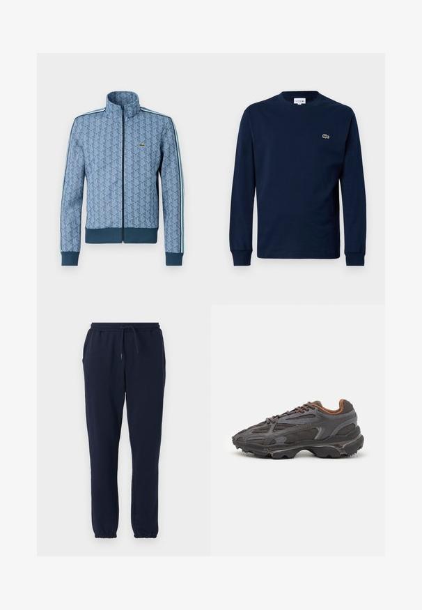 Niebieska kurtka zapinana na zamek z geometrycznym wzorem, ściągacze przy mankietach i u dołu oraz kontrastowe paski po bokach. Posiada małe logo na piersi.; Granatowa koszulka z długim rękawem wykonana z bawełny, z okrągłym dekoltem i małym zielonym logo krokodyla na lewej piersi.; Granatowe dresy wykonane z miękkiej tkaniny, z elastycznym paskiem w talii z regulowanym sznurkiem, kieszeniami bocznymi i elastycznymi mankietami przy kostkach.; Sneakers Lacoste w ciemnoszarym kolorze, wykonane z siateczki i materiału syntetycznego, z teksturowaną podeszwą oraz brązowymi akcentami na kołnierzu i logotypie.