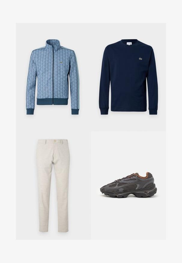 Blue zip-up jacket with a geometric pattern, ribbed cuffs and hem, and contrasting side stripes. Features a small logo on the chest.; Navy long-sleeve t-shirt made of cotton, featuring a crew neck and a small green crocodile logo on the left chest.; Light beige trousers with a straight fit, made of lightweight fabric. Features a single button closure and simple stitching details.; Lacoste sneakers in dark gray with mesh and synthetic material, featuring a textured sole and brown accents on the collar and branding.