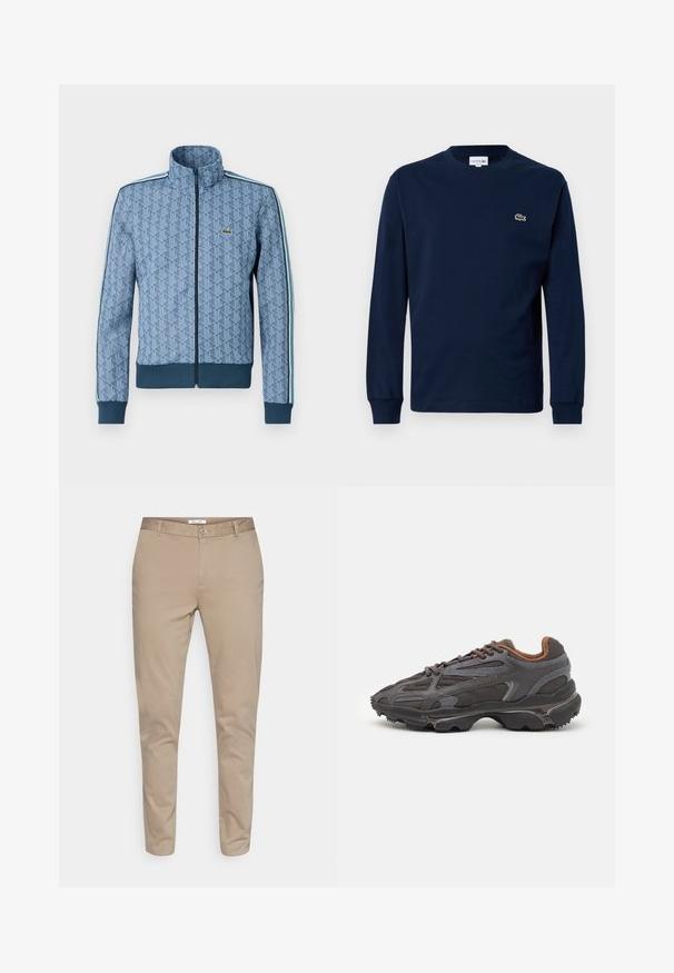 Sininen vetoketjullinen takki, jossa on geometrinen kuvio, joustavat hihansuut ja helma sekä kontrastiväriset sivuviivat. Rinnassa pieni logo.; Navy pitkähihaine t-paita, joka on valmistettu puuvillasta. Paidan kauluksessa on pyöreä muoto ja vasemmassa rintapielessä on pieni vihreä krokotiili-logo.; Beige puuvillachinot suoran lahkeen muotoilulla, jossa on nappikiinnitys, vyölenkit ja sivutaskut. Tasainen rakenne ilman kuoseja.; Lacoste-tennar i mörkgrått med nät- och syntetmaterial, med en texturerad sula och bruna accenter på kragen och märket.