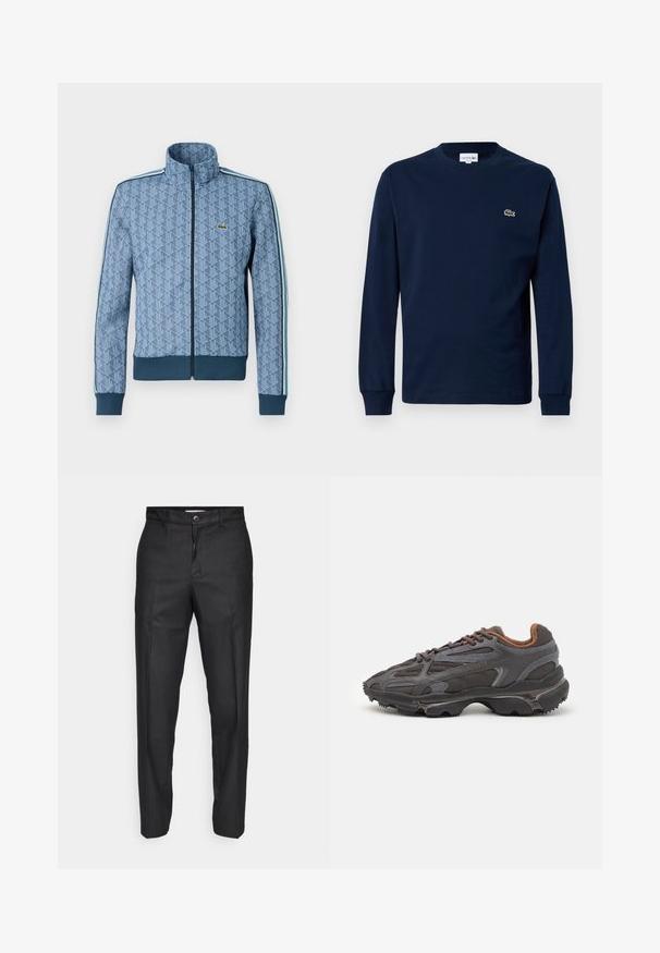 Blå zip-up jakke med geometrisk mønster, ribbede mansjetter og nederkant, samt kontraststriper på siden. Har en liten logo på brystet.; Marineblå langermet t-skjorte laget av bomull, med rund hals og en liten grønn krokodillelogo på venstre bryst.; Sorte bukser laget av et glatt stoff, med knappelukking foran, rette ben og ingen synlige lommer eller mønstre.; Lacoste-sneakers i mørkegrått med mesh- og syntetisk materiale, med en teksturert såle og brune detaljer på kragen og merket.