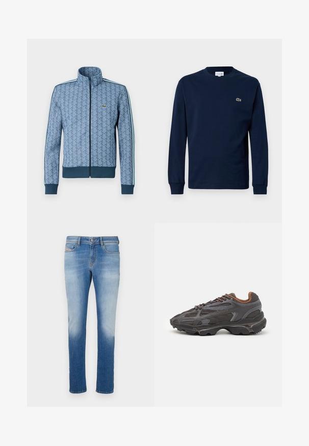 Sininen vetoketjullinen takki, jossa on geometrinen kuvio, joustavat hihansuut ja helma sekä kontrastiväriset sivuviivat. Rinnassa pieni logo.; Navy pitkähihaine t-paita, joka on valmistettu puuvillasta. Paidan kauluksessa on pyöreä muoto ja vasemmassa rintapielessä on pieni vihreä krokotiili-logo.; Siniset farkut, joissa on kapeneva muotoilu, vaalea pesu ja kuluminen, klassinen viisi-taskuinen tyyli sekä nappikiinnitys vyötäröllä.; Lacoste-tennar i mörkgrått med nät- och syntetmaterial, med en texturerad sula och bruna accenter på kragen och märket.