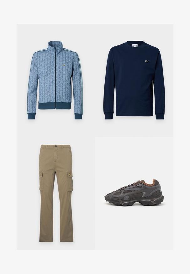 Chaqueta azul con cremallera, con un patrón geométrico, puños y bajo acanalados, y franjas laterales en contraste. Presenta un pequeño logo en el pecho.; Camiseta de manga larga azul marino hecha de algodón, con cuello redondo y un pequeño logo de cocodrilo verde en el lado izquierdo del pecho.; Pantalones cargo caqui de algodón con piernas rectas, dos bolsillos laterales y un pequeño parche amarillo en el bolsillo izquierdo.; Zapatillas Lacoste en gris oscuro con material de malla y sintético, que cuentan con una suela texturizada y detalles en marrón en el cuello y la marca.