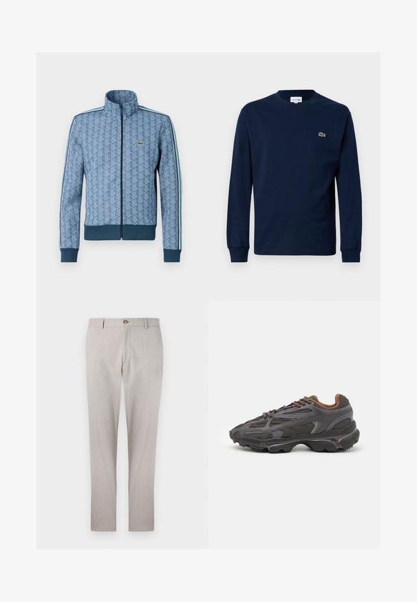Giacca zip-up blu con un motivo geometrico, polsini e orlo a coste, e strisce laterali a contrasto. Presenta un piccolo logo sul petto.; Maglietta a maniche lunghe blu navy realizzata in cotone, con collo a giro e un piccolo logo di un coccodrillo verde sul lato sinistro del petto.; Pantaloni in lino grigio chiaro con un design su misura, chiusura con bottone, tasche laterali e taglio dritto. Texture morbida e dettagli di cucitura minimali.; Sneaker Lacoste grigie scure in materiale mesh e sintetico, con suola testurizzata e dettagli marroni sul colletto e sul branding.