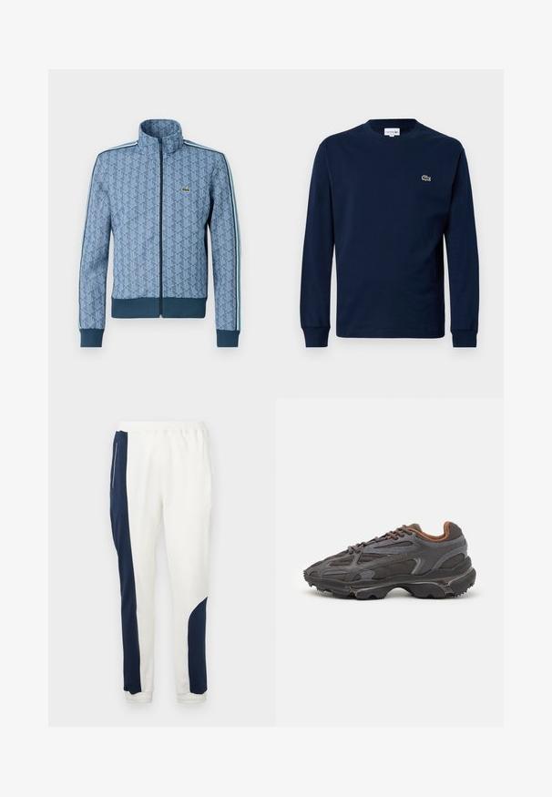 Blue zip-up jacket with a geometric pattern, ribbed cuffs and hem, and contrasting side stripes. Features a small logo on the chest.; Navy long-sleeve t-shirt made of cotton, featuring a crew neck and a small green crocodile logo on the left chest.; White jogger pants featuring navy side panels and elastic cuffs, made of soft fabric with a smooth texture and a drawstring waistband.; Lacoste sneakers in dark gray with mesh and synthetic material, featuring a textured sole and brown accents on the collar and branding.