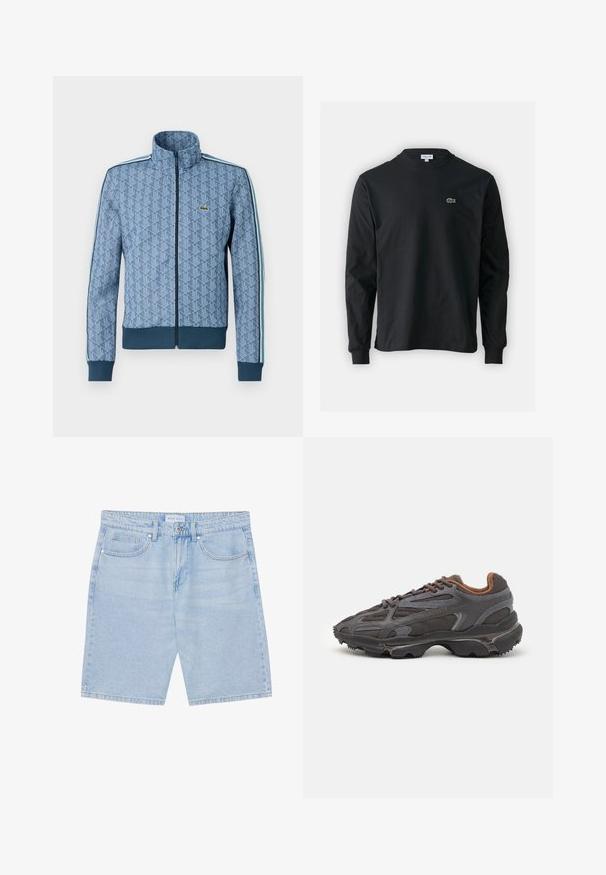 Blå zip-up jakke med geometrisk mønster, ribbede mansjetter og nederkant, samt kontraststriper på siden. Har en liten logo på brystet.; Svart langermet T-skjorte laget av bomull, med rund hals og en liten grønn brodert krokodillelogo på venstre bryst.; Lyseblå denim shorts med rett snitt, med frontlommer, knappelukking og en falmet finish. Klassisk fem-lommers design.; Lacoste-sneakers i mørkegrått med mesh- og syntetisk materiale, med en teksturert såle og brune detaljer på kragen og merket.