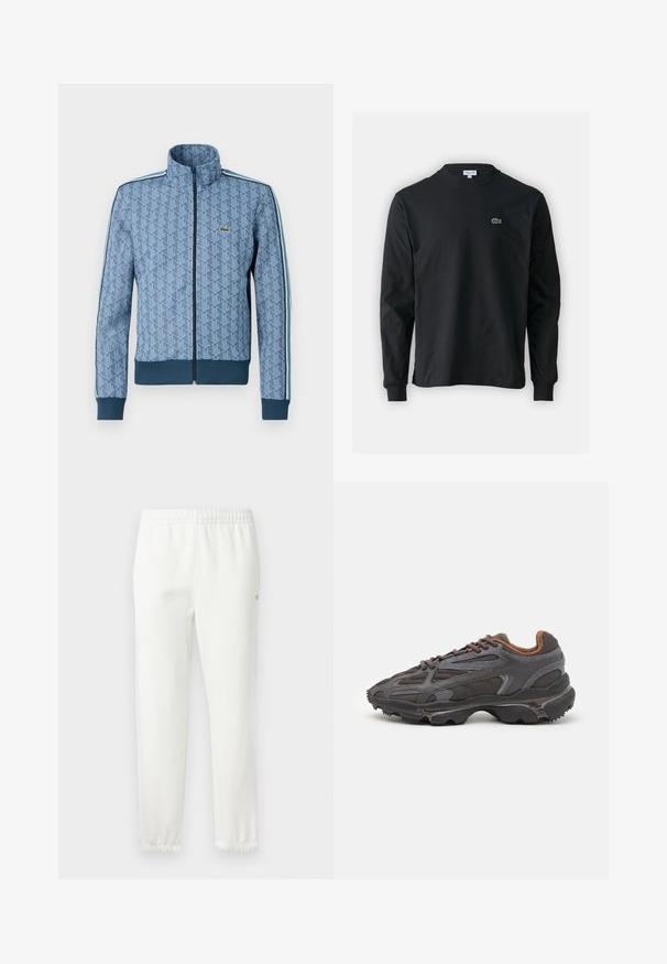 Blauwe zip-up jas met een geometrisch patroon, geribde manchetten en zoom, en contrasterende zijstrepen. Bevat een klein logo op de borst.; Zwarte longsleeve t-shirt van katoen, met een ronde halslijn en een klein groen geborduurd krokodillenlogo op de linkerborst.; Witte katoenen sweatpants met een elastische tailleband en taps toelopende benen. Voorzien van een klein logodetail aan de zijkant. Zachte textuur, minimalistisch ontwerp.; Lacoste sneakers in donkergrijs van mesh en synthetisch materiaal, met een gestructureerde zool en bruine accenten op de kraag en branding.