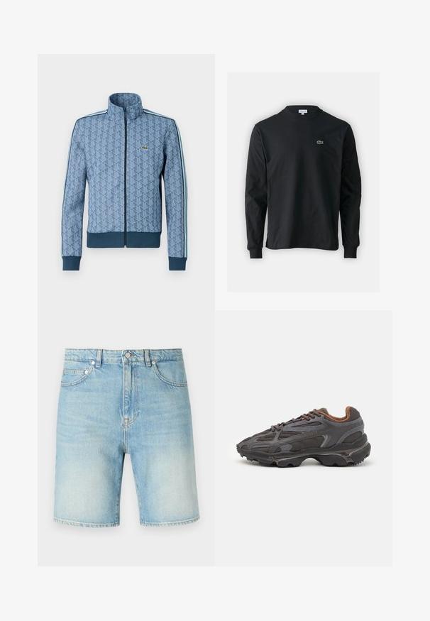 Sininen vetoketjullinen takki, jossa on geometrinen kuvio, joustavat hihansuut ja helma sekä kontrastiväriset sivuviivat. Rinnassa pieni logo.; Musta pitkähiha t-paita, joka on valmistettu puuvillasta. Paita on varustettu pyöreällä kaula-aukolla ja vasemmassa rinnassa on pieni vihreä brodeerattu krokotiililogo.; Vaaleansiniset farkkushortit, joissa on klassinen viiden taskun muotoilu, nappisuljenta ja hieman kulunut tekstuuri kankaassa.; Lacoste-tennar i mörkgrått med nät- och syntetmaterial, med en texturerad sula och bruna accenter på kragen och märket.
