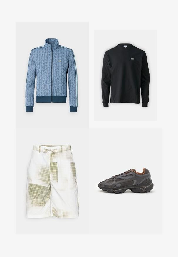 Niebieska kurtka zapinana na zamek z geometrycznym wzorem, ściągacze przy mankietach i u dołu oraz kontrastowe paski po bokach. Posiada małe logo na piersi.; Czarna koszulka z długim rękawem, wykonana z bawełny, z okrągłym dekoltem i małym haftowanym logo krokodyla w kolorze zielonym po lewej stronie klatki piersiowej.; Męskie szorty wykonane z lekkiego materiału, z białym tłem i wzorem w kratkę w odcieniach zieleni. Posiadają elastyczny pas z sznurkiem.; Sneakers Lacoste w ciemnoszarym kolorze, wykonane z siateczki i materiału syntetycznego, z teksturowaną podeszwą oraz brązowymi akcentami na kołnierzu i logotypie.