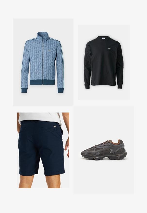 Niebieska kurtka zapinana na zamek z geometrycznym wzorem, ściągacze przy mankietach i u dołu oraz kontrastowe paski po bokach. Posiada małe logo na piersi.; Czarna koszulka z długim rękawem, wykonana z bawełny, z okrągłym dekoltem i małym haftowanym logo krokodyla w kolorze zielonym po lewej stronie klatki piersiowej.; Granatowe szorty wykonane z lekkiego materiału, z płaskim przodem, dwiema tylnymi kieszeniami i przeszyciem na krawędzi.; Sneakers Lacoste w ciemnoszarym kolorze, wykonane z siateczki i materiału syntetycznego, z teksturowaną podeszwą oraz brązowymi akcentami na kołnierzu i logotypie.