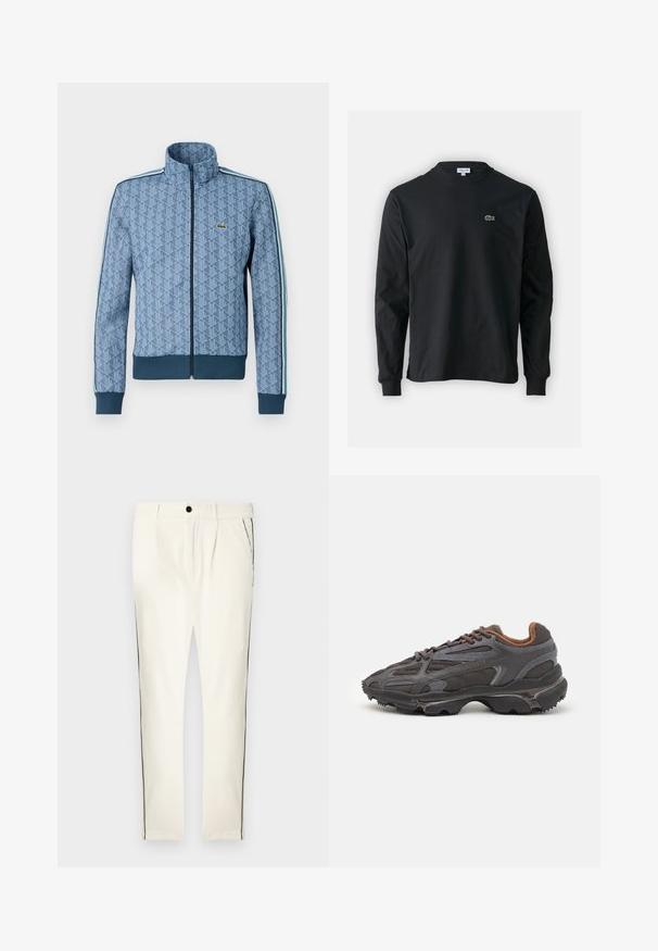 Blue zip-up jacket with a geometric pattern, ribbed cuffs and hem, and contrasting side stripes. Features a small logo on the chest.; Black long-sleeve t-shirt made of cotton, featuring a round neckline and a small green embroidered crocodile logo on the left chest.; White striped trousers with a relaxed fit, featuring a black side stripe, a button closure, and front pleats for added design detail.; Lacoste sneakers in dark gray with mesh and synthetic material, featuring a textured sole and brown accents on the collar and branding.
