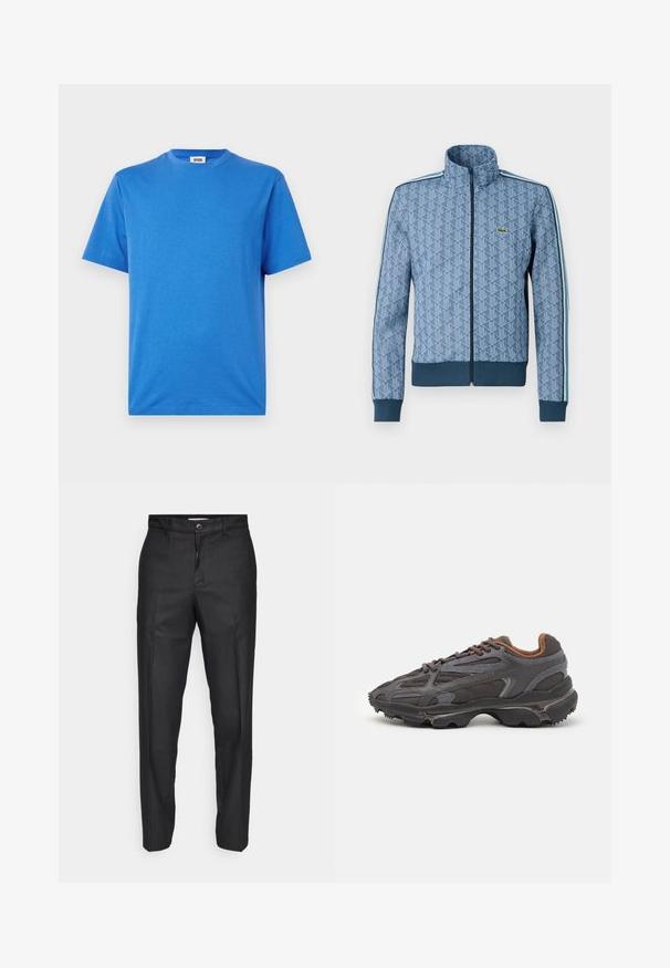 Modrá bunda na zip s geometrickým vzorem, elastickými manžetami a lemem a kontrastními bočními proužky. Obsahuje malé logo na hrudi.; Modré bavlněné tričko s kulatým výstřihem a krátkými rukávy, s hladkou texturou a volným střihem, s etiketou na výstřihu.; Černé kalhoty vyrobené z hladkého materiálu, s předním zapínáním na knoflík, rovnými nohavicemi a bez viditelných kapes či vzorů.; Sněrovací boty Lacoste v tmavě šedé barvě s síťovinou a syntetickým materiálem, prezentující texturovanou podrážku a hnědé detaily na límci a logu.