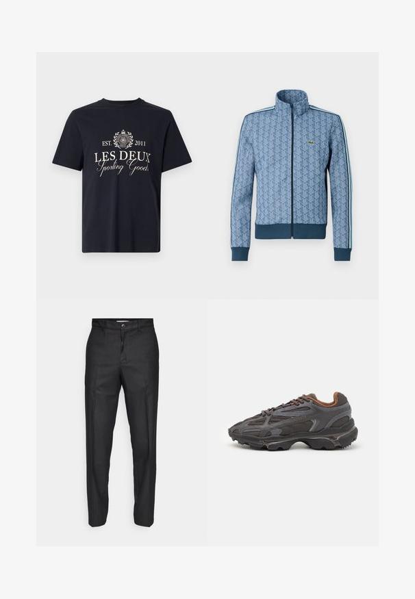 Blå zip-up jakke med geometrisk mønster, ribbede mansjetter og nederkant, samt kontraststriper på siden. Har en liten logo på brystet.; Marineblå bomull T-skjorte med korte ermer. Har hvit tekst: "LES DEUX Sporting Goods EST. 2011" og et sirkulært logodesign.; Sorte bukser laget av et glatt stoff, med knappelukking foran, rette ben og ingen synlige lommer eller mønstre.; Lacoste-sneakers i mørkegrått med mesh- og syntetisk materiale, med en teksturert såle og brune detaljer på kragen og merket.