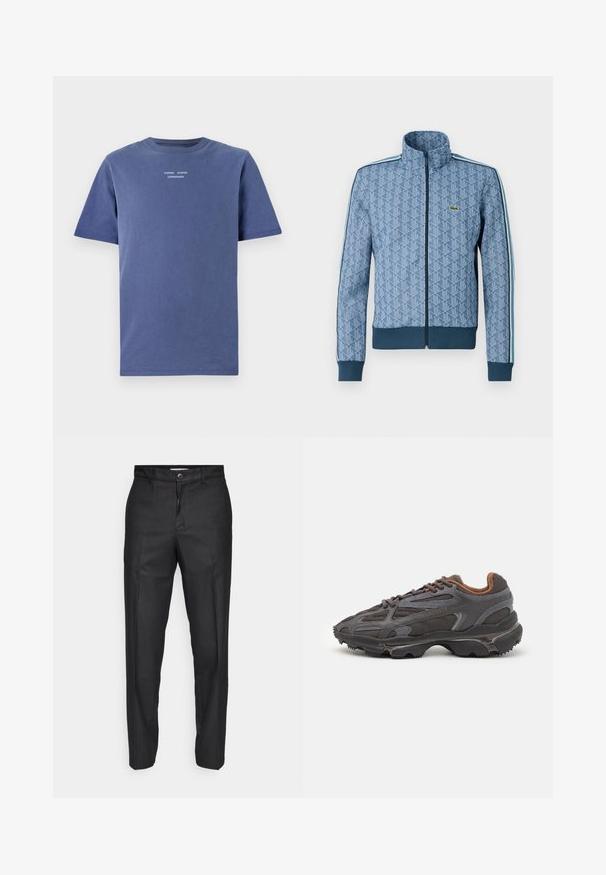 Blå lynlåsjakke med et geometrisk mønster, ribbede ærmer og kant, samt kontrastfarvede sidestel. Har et lille logo på brystet.; Marineblå t-shirt med korte ærmer lavet af bomuld. Har en rund halsudskæring og lille hvid tekst på brystet: "SAMSØE SAMSØE COPENHAGEN."; Sorte bukser lavet af et glat stof, med en frontlukning med knap, lige ben og uden synlige lommer eller mønstre.; Lacoste sneakers i mørkegrå med mesh og syntetisk materiale, udstyret med en tekstureret sål og brune accenter på kraven og brandingen.