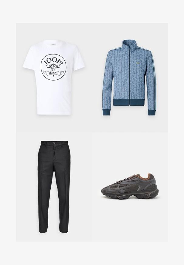 Sinine lukuga jakk geomeetrilise mustriga, soonikustega varrukate ja pöördeosa ning kontrastsete külgtriipudega. Jakk sisaldab väikest logo rinnal.; Valge puuvillane T-särk, millel on ümmargune must logo, millel on "JOOP!" ja "JEANS" tekst, keskendatud rinnale koos lillemotiiviga.; Mustad püksid siledast kangast, millel on esine nööbi sulgemine, sirged sääred ning nähtamatute taskute ja mustriteta disain.; Tumed hallid Lacoste tossud, mis on valmistatud võrkkangast ja sünteetilisest materjalist, omavad tekstureeritud talla ning pruune aktsente kaeluse ja brändingu juures.