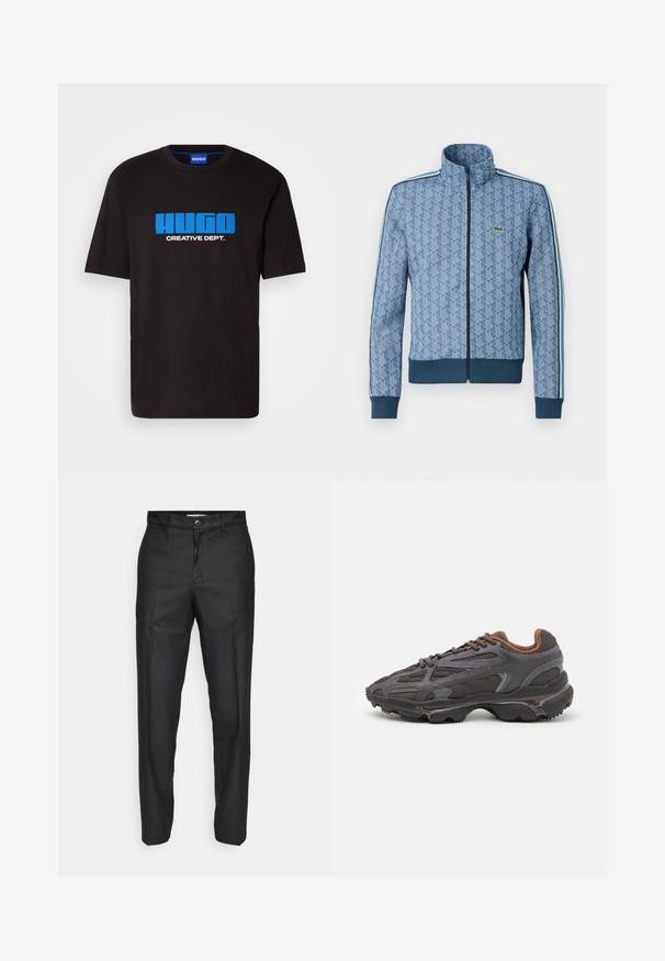 Modrá bunda na zip s geometrickým vzorem, elastickými manžetami a lemem a kontrastními bočními proužky. Obsahuje malé logo na hrudi.; Černé bavlněné tričko s modrým logem "HUGO" a textem "CREATIVE DEPT." na přední straně. Krátké rukávy, design s kulatým výstřihem.; Černé kalhoty vyrobené z hladkého materiálu, s předním zapínáním na knoflík, rovnými nohavicemi a bez viditelných kapes či vzorů.; Sněrovací boty Lacoste v tmavě šedé barvě s síťovinou a syntetickým materiálem, prezentující texturovanou podrážku a hnědé detaily na límci a logu.