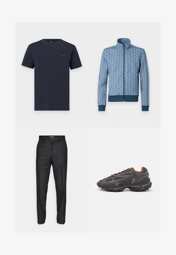 Mėlyna užtrauktuku užsegama striukė su geometriniu raštu, įsiūtomis guminėmis rankovėmis ir apačia bei kontrastingomis šoninėmis juostelėmis. Ant krūtinės yra mažas logotipas.; Tamsiai mėlynas medvilninis marškinėliai su apvalia iškirpte, trumpomis rankovėmis ir mažuoju pilku logotipu kairėje krūtinės pusėje. Lygus paviršius.; Juodi kelnių pagaminti iš glotnaus audinio, su priekiniais sagomis, tiesiomis kojomis ir be matomų kišenių ar raštų.; Lacoste sportbačiai tamsiai pilki, pagaminti iš tinklinės ir sintetinių medžiagų, su tekstūruotu padu ir rudomis detalėmis ant apykaklės bei prekės ženklo.