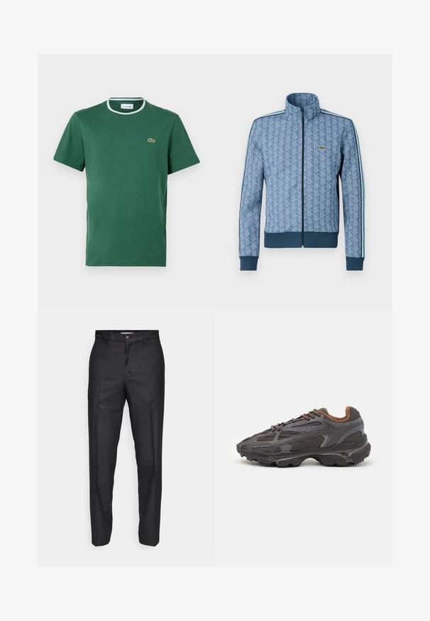 Jachetă albastră cu fermoar, cu un model geometric, cu manșete și tiv ribborate, și dungi laterale contrastante. Prezintă un logo mic pe piept.; Tricou verde cu guler rotund, fabricat din bumbac, cu mâneci scurte, având un guler ribetat alb și verde în contrast și un mic logo brodat.; Pantaloni negri dintr-un material neted, cu închidere frontală cu buton, picioare drepte și fără buzunare sau modele vizibile.; Adidași Lacoste de culoare gri închis, din material mesh și sintetic, cu o talpă texturată și accente maronii pe guler și branding.