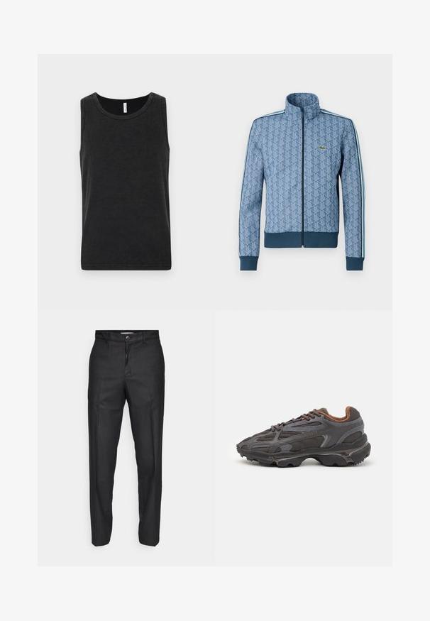 Chaqueta azul con cremallera, con un patrón geométrico, puños y bajo acanalados, y franjas laterales en contraste. Presenta un pequeño logo en el pecho.; Top de algodón negro sin mangas con escote redondo y una textura suave. Presenta un corte sencillo y clásico.; Pantalones negros de tela suave, con cierre de botón en la parte delantera, piernas rectas y sin bolsillos ni patrones visibles.; Zapatillas Lacoste en gris oscuro con material de malla y sintético, que cuentan con una suela texturizada y detalles en marrón en el cuello y la marca.
