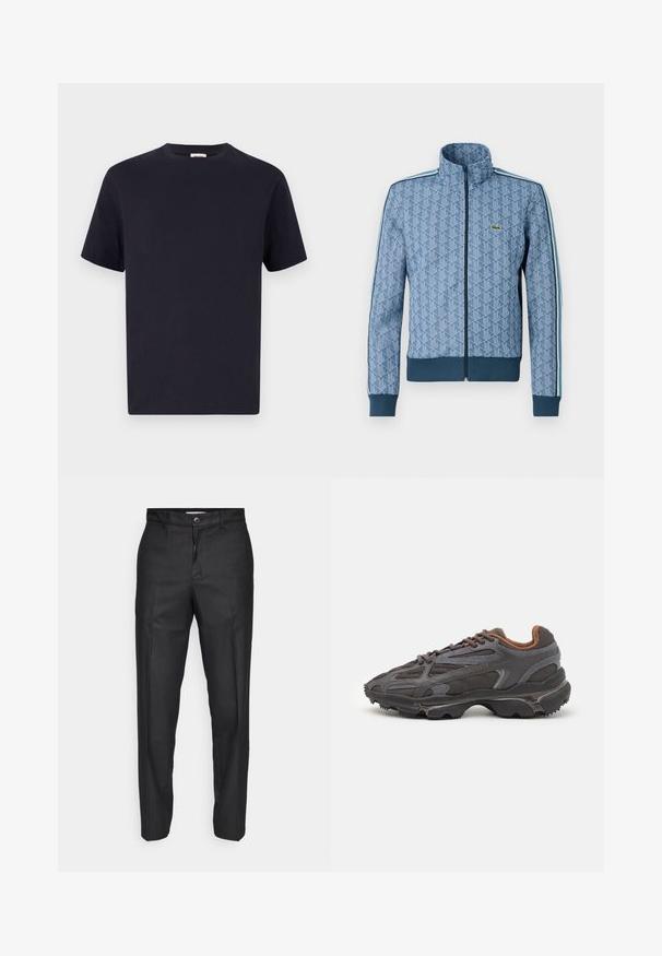 Modrá bunda na zip s geometrickým vzorem, elastickými manžetami a lemem a kontrastními bočními proužky. Obsahuje malé logo na hrudi.; Námorně modré bavlněné tričko s kulatým výstřihem, krátkými rukávy a volným střihem; hladká textura; žádné viditelné vzory ani kovové prvky.; Černé kalhoty vyrobené z hladkého materiálu, s předním zapínáním na knoflík, rovnými nohavicemi a bez viditelných kapes či vzorů.; Sněrovací boty Lacoste v tmavě šedé barvě s síťovinou a syntetickým materiálem, prezentující texturovanou podrážku a hnědé detaily na límci a logu.
