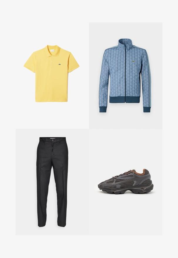 Sininen vetoketjullinen takki, jossa on geometrinen kuvio, joustavat hihansuut ja helma sekä kontrastiväriset sivuviivat. Rinnassa pieni logo.; Keltainen puuvillapaita, jossa on kaulus, lyhyet hihat ja vasemmassa rinnassa pieni vihreä brodeerattu logo. Sileä pinta.; Mustat housut, jotka on valmistettu sileästä kankaasta, ja niissä on etupainike, suorat lahkeet sekä ei näkyviä taskuja tai kuvioita.; Lacoste-tennar i mörkgrått med nät- och syntetmaterial, med en texturerad sula och bruna accenter på kragen och märket.