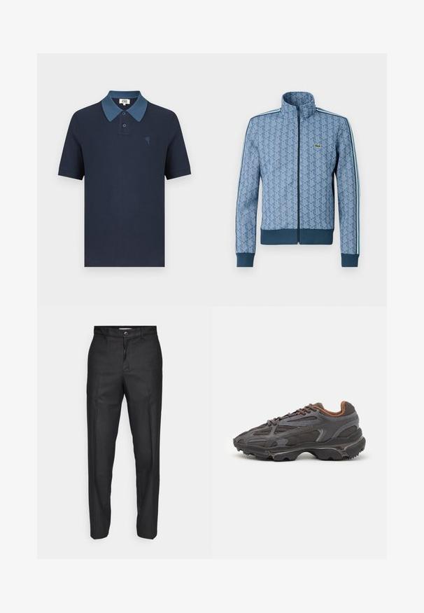 Sinine lukuga jakk geomeetrilise mustriga, soonikustega varrukate ja pöördeosa ning kontrastsete külgtriipudega. Jakk sisaldab väikest logo rinnal.; Tumesinine polosärk kontrastse sinise krae, lühikeste varrukatega, tekstuurse kangaga ja väikese tikitud südamekujundiga rinnal.; Mustad püksid siledast kangast, millel on esine nööbi sulgemine, sirged sääred ning nähtamatute taskute ja mustriteta disain.; Tumed hallid Lacoste tossud, mis on valmistatud võrkkangast ja sünteetilisest materjalist, omavad tekstureeritud talla ning pruune aktsente kaeluse ja brändingu juures.
