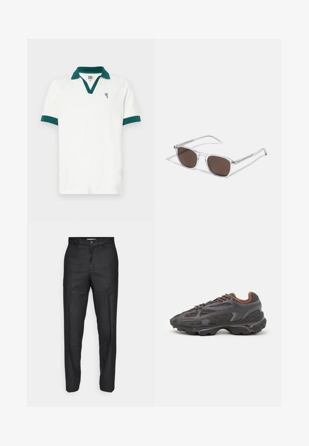 Sininen vetoketjullinen takki, jossa on geometrinen kuvio, joustavat hihansuut ja helma sekä kontrastiväriset sivuviivat. Rinnassa pieni logo.; Valkoinen polo-paita, jossa on teal-värinen kaulus ja hihansuut, ja jossa on pieni sydämen muotoinen logo. Valmistettu sileästä kankaasta klassisella leikkauksella.; Mustat housut, jotka on valmistettu sileästä kankaasta, ja niissä on etupainike, suorat lahkeet sekä ei näkyviä taskuja tai kuvioita.; Lacoste-tennar i mörkgrått med nät- och syntetmaterial, med en texturerad sula och bruna accenter på kragen och märket.; Aurinkolasit, joissa on kirkas muovikehys ja suorakulmaiset ruskeat linssit, ohuilla läpinäkyvillä varsilla ja metallikosketuksilla temppeleissä.