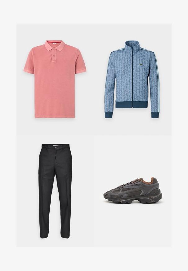 Blauwe zip-up jas met een geometrisch patroon, geribde manchetten en zoom, en contrasterende zijstrepen. Bevat een klein logo op de borst.; Polo shirt van zachtroze katoen, met een klassieke kraag, een knoopsluiting met twee knopen en een klein geborduurd logo op de borst.; Zwarte broek van een gladde stof, met een voorste knoopsluiting, rechte pijpen en zonder zichtbare zakken of patronen.; Lacoste sneakers in donkergrijs van mesh en synthetisch materiaal, met een gestructureerde zool en bruine accenten op de kraag en branding.