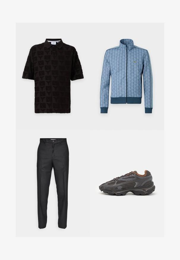 Blå lynlåsjakke med et geometrisk mønster, ribbede ærmer og kant, samt kontrastfarvede sidestel. Har et lille logo på brystet.; Sort polo-shirt med en tekstureret design og gentagne mønstre. Knappelukning med krave og tre knapper samt korte ærmer.; Sorte bukser lavet af et glat stof, med en frontlukning med knap, lige ben og uden synlige lommer eller mønstre.; Lacoste sneakers i mørkegrå med mesh og syntetisk materiale, udstyret med en tekstureret sål og brune accenter på kraven og brandingen.