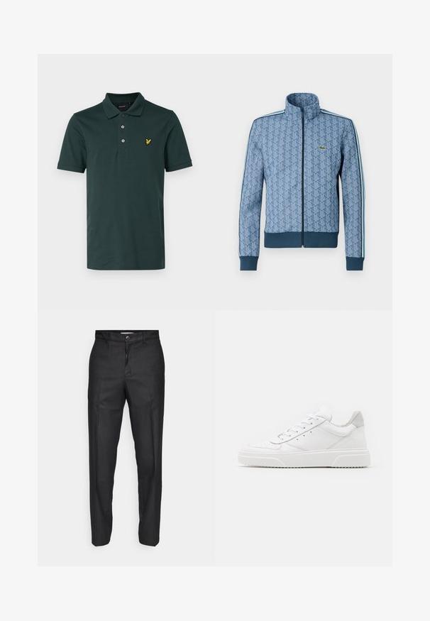 Blå lynlåsjakke med et geometrisk mønster, ribbede ærmer og kant, samt kontrastfarvede sidestel. Har et lille logo på brystet.; Lyle & Scott Poloshirts - argyle teal; Sorte bukser lavet af et glat stof, med en frontlukning med knap, lige ben og uden synlige lommer eller mønstre.; Hvide lædersneakers med en glat finish, rund tå, flade snørebånd og en struktureret sål. Grå ruskindsdetalje ved hælen.