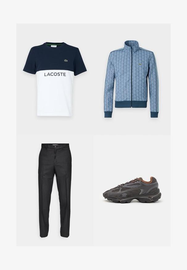Jachetă albastră cu fermoar, cu un model geometric, cu manșete și tiv ribborate, și dungi laterale contrastante. Prezintă un logo mic pe piept.; Tricou din bumbac bleu marin și alb cu mâneci scurte. Are un design cu blocuri de culoare orizontale și un logo brodat cu crocodil verde pe piept.; Pantaloni negri dintr-un material neted, cu închidere frontală cu buton, picioare drepte și fără buzunare sau modele vizibile.; Adidași Lacoste de culoare gri închis, din material mesh și sintetic, cu o talpă texturată și accente maronii pe guler și branding.