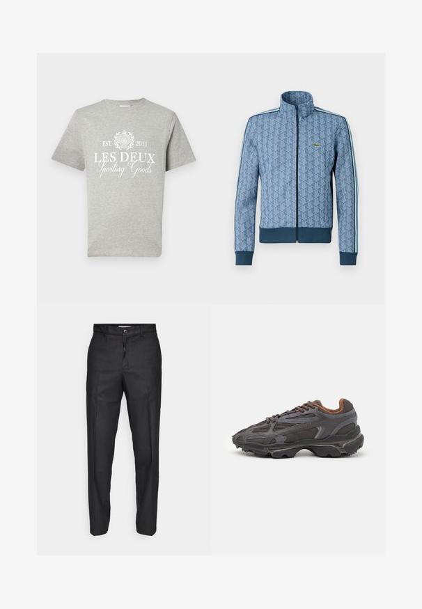 Blue zip-up jacket with a geometric pattern, ribbed cuffs and hem, and contrasting side stripes. Features a small logo on the chest.; Gray short-sleeve T-shirt made of cotton, featuring white printed text "LES DEUX Sporting Goods" with a circular logo above and established year.; Black trousers made of a smooth fabric, featuring a front button closure, straight legs, and no visible pockets or patterns.; Lacoste sneakers in dark gray with mesh and synthetic material, featuring a textured sole and brown accents on the collar and branding.