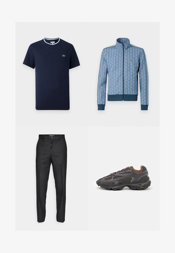 Blå zip-up jakke med geometrisk mønster, ribbede mansjetter og nederkant, samt kontraststriper på siden. Har en liten logo på brystet.; Marineblå T-skjorte i bomull, med en lyseblå ribbestrikket hals. Har en liten grønn krokodillelogo på brystet. Kortermet design.; Sorte bukser laget av et glatt stoff, med knappelukking foran, rette ben og ingen synlige lommer eller mønstre.; Lacoste-sneakers i mørkegrått med mesh- og syntetisk materiale, med en teksturert såle og brune detaljer på kragen og merket.