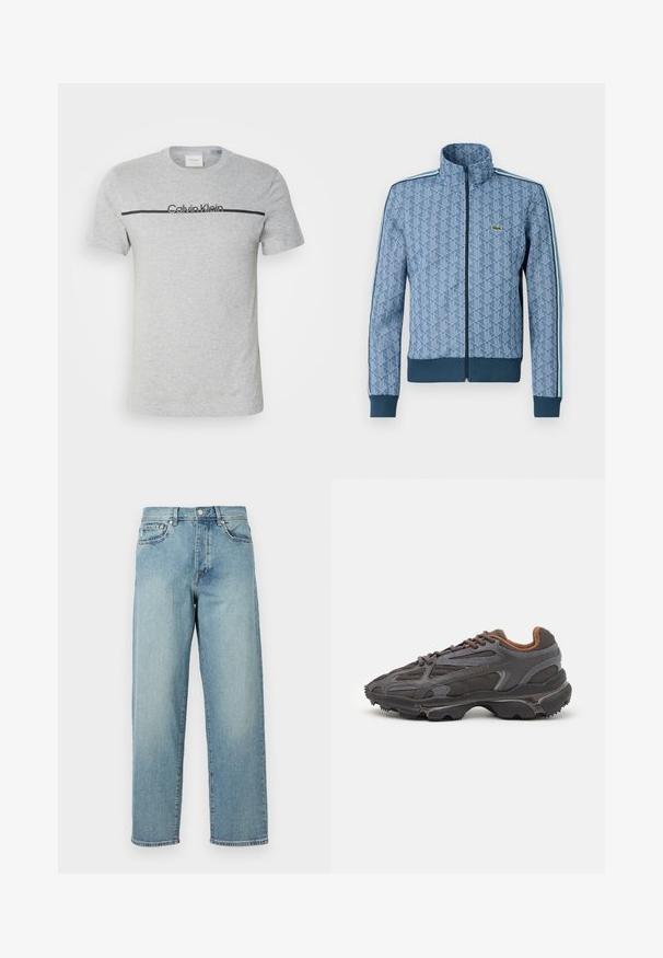 Sinine lukuga jakk geomeetrilise mustriga, soonikustega varrukate ja pöördeosa ning kontrastsete külgtriipudega. Jakk sisaldab väikest logo rinnal.; Hallhõlmaga hall puuvillane t-särk, millel on horisontaalne must triip ja mustade tähtedega "Calvin Klein" logo rinnal.; Heledad sinised teksad, mis on laia lõikega, sirged jalad, viie tasku disain ja nupuga kinnitamine vööl. Minimalistlik õmbluse detail.; Tumed hallid Lacoste tossud, mis on valmistatud võrkkangast ja sünteetilisest materjalist, omavad tekstureeritud talla ning pruune aktsente kaeluse ja brändingu juures.