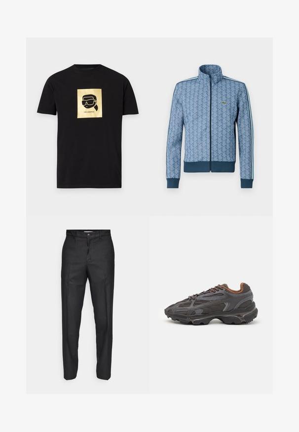 Sinine lukuga jakk geomeetrilise mustriga, soonikustega varrukate ja pöördeosa ning kontrastsete külgtriipudega. Jakk sisaldab väikest logo rinnal.; Mustad puuvillane T-särk, millel on kuldne ruut ja siluett inimesest, kes kannab prille, ning all tekst "KARL LAGERFELD".; Mustad püksid siledast kangast, millel on esine nööbi sulgemine, sirged sääred ning nähtamatute taskute ja mustriteta disain.; Tumed hallid Lacoste tossud, mis on valmistatud võrkkangast ja sünteetilisest materjalist, omavad tekstureeritud talla ning pruune aktsente kaeluse ja brändingu juures.