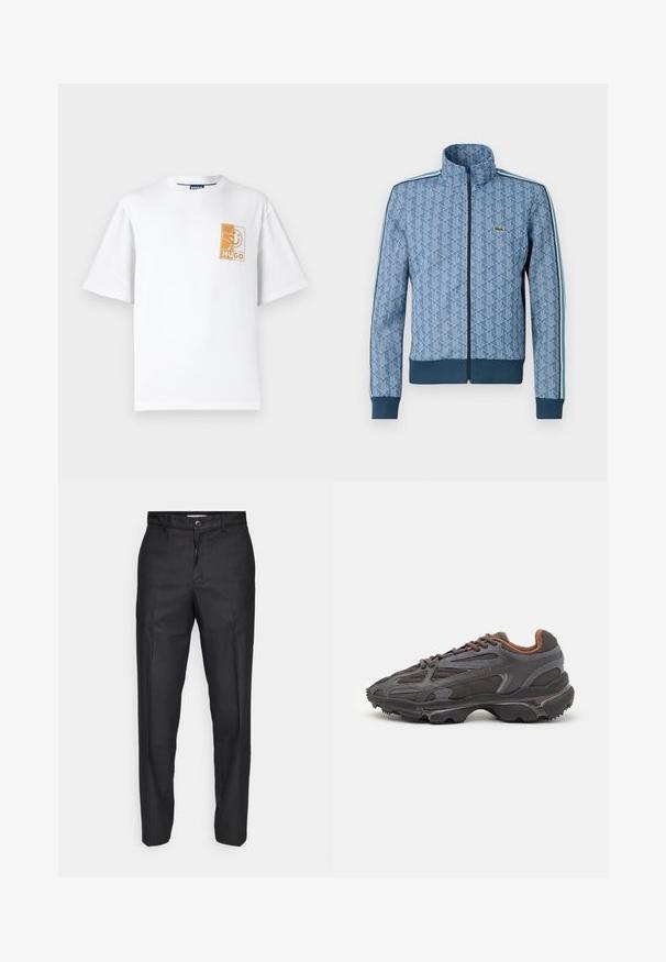Modrá zipová bunda so geometrickým vzorom, s rebrovanými manžetami a lemom a kontrastnými bočnými pruhmi. Má malé logo na hrudi.; Biela bavlnená tričko s okrúhlym výstrihom, krátkymi rukávmi a obdlžníkovou oranžovou grafikou s nápisom "HUGO" na ľavej strane hrude.; Čierne nohavice vyrobené z hladkej tkaniny, s predným zapínaním na gombík, rovnými nohavicami a bez viditeľných vreciek alebo vzorov.; Lacoste tenisky v tmavo sivej farbe z nylonu a syntetického materiálu, s textúrovanou podrážkou a hnedými akcentami na golieri a brandingu.