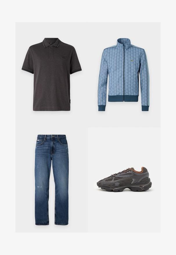 Blå zip-up jakke med geometrisk mønster, ribbede mansjetter og nederkant, samt kontraststriper på siden. Har en liten logo på brystet.; Mørk grå kortermet polo-skjorte med krage, med en to-knappsstolpe og kontrasterende stripete detaljer på kragen og ermene.; Blå denim jeans med rett ben-design. Har falmede områder og lett slitasje foran, med en klassisk knappeåpning.; Lacoste-sneakers i mørkegrått med mesh- og syntetisk materiale, med en teksturert såle og brune detaljer på kragen og merket.