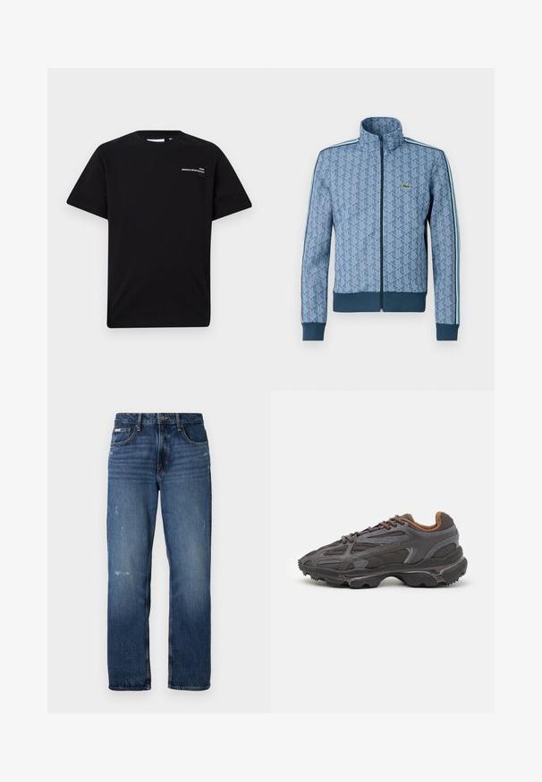 Chaqueta azul con cremallera, con un patrón geométrico, puños y bajo acanalados, y franjas laterales en contraste. Presenta un pequeño logo en el pecho.; Camiseta de algodón negra de manga corta y cuello redondo, que presenta un texto blanco que dice "PARIS FRENCH SPORTSWEAR" en el pecho.; Jeans de mezclilla azul con diseño de pierna recta. Presentan áreas desgastadas y ligero distress en la parte frontal, con un cierre clásico de botón.; Zapatillas Lacoste en gris oscuro con material de malla y sintético, que cuentan con una suela texturizada y detalles en marrón en el cuello y la marca.