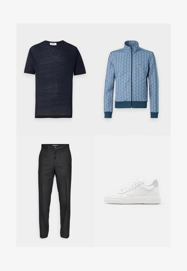Niebieska kurtka zapinana na zamek z geometrycznym wzorem, ściągacze przy mankietach i u dołu oraz kontrastowe paski po bokach. Posiada małe logo na piersi.; Granatowa koszulka z krótkim rękawem, wykonana z lekkiej, teksturowanej tkaniny. Posiada klasyczny okrągły dekolt i luźny krój.; Czarne spodnie z gładkiego materiału, z zapinaniem na guzik z przodu, prostymi nogawkami i bez widocznych kieszeni czy wzorów.; Białe skórzane trampki o gładkim wykończeniu, zaokrąglonym nosku, płaskich sznurówkach i teksturowanej podeszwie. Szary zamszowy akcent na pięcie.