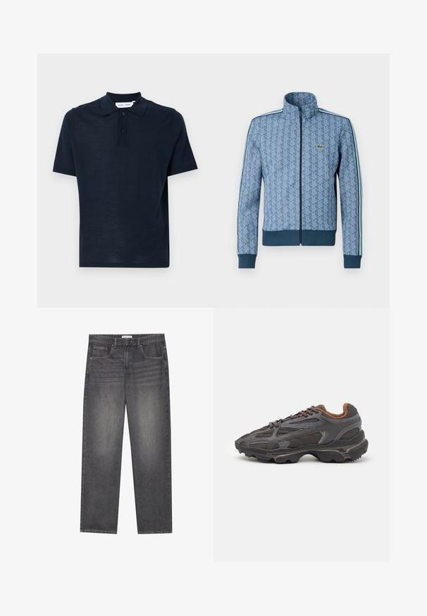 Jachetă albastră cu fermoar, cu un model geometric, cu manșete și tiv ribborate, și dungi laterale contrastante. Prezintă un logo mic pe piept.; Polo de culoare bleumarin, fabricat din material moale, cu mâneci scurte, guler clasic, plasă cu trei butoane și o croială lejeră.; Jeans negri de denim cu croială dreaptă, având cinci buzunare, închidere frontală cu nasture și o decolorare subtilă pe întreaga țesătură.; Adidași Lacoste de culoare gri închis, din material mesh și sintetic, cu o talpă texturată și accente maronii pe guler și branding.