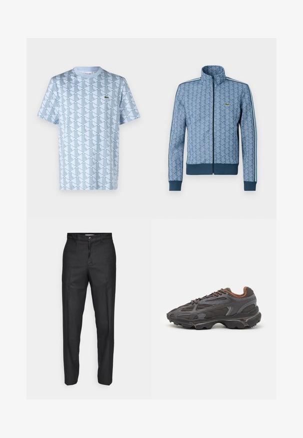 Sinine lukuga jakk geomeetrilise mustriga, soonikustega varrukate ja pöördeosa ning kontrastsete külgtriipudega. Jakk sisaldab väikest logo rinnal.; Hele sinine T-särk tumehallide geomeetriliste mustritega, ümmargune kaelus, lühikesed varrukad ja vasakul rinnal väike rohelise logoga.; Mustad püksid siledast kangast, millel on esine nööbi sulgemine, sirged sääred ning nähtamatute taskute ja mustriteta disain.; Tumed hallid Lacoste tossud, mis on valmistatud võrkkangast ja sünteetilisest materjalist, omavad tekstureeritud talla ning pruune aktsente kaeluse ja brändingu juures.