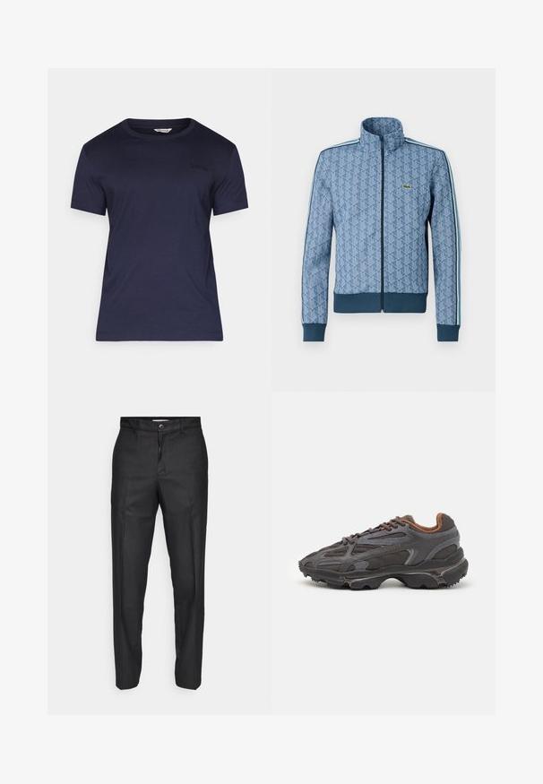 Zils zip-up jakas ar ģeometrisku rakstu, ribotām piedurknēm un apakšmalu, kā arī kontrastējošām sānu joslām. Uz krūšu ir neliels logo.; Jūras zila īsām piedurknēm t-krekls no mīkstas auduma, ar klasisku apaļu kaklu un diskrētu melnu "BORG" logo uz krūšu daļas. Iezīmē brīvu piegriezumu.; Melnas bikses, izgatavotas no gludas auduma, ar priekšējo pogu aizdari, taisnām kājām un bez redzamām kabatām vai rakstiem.; Lacoste kedas tumši pelēkā krāsā ar acu audumu un sintētisko materiālu, ar teksturētu zoli un brūniem akcentiem apkaklītē un zīmola uzrakstā.