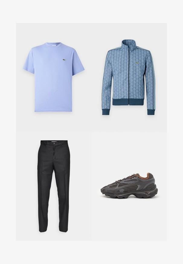 Niebieska kurtka zapinana na zamek z geometrycznym wzorem, ściągacze przy mankietach i u dołu oraz kontrastowe paski po bokach. Posiada małe logo na piersi.; Jasnoniebieska bawełniana koszulka z okrągłym dekoltem i krótkimi rękawami. Na piersi umieszczono małe, haftowane zielone logo aligatora.; Czarne spodnie z gładkiego materiału, z zapinaniem na guzik z przodu, prostymi nogawkami i bez widocznych kieszeni czy wzorów.; Sneakers Lacoste w ciemnoszarym kolorze, wykonane z siateczki i materiału syntetycznego, z teksturowaną podeszwą oraz brązowymi akcentami na kołnierzu i logotypie.