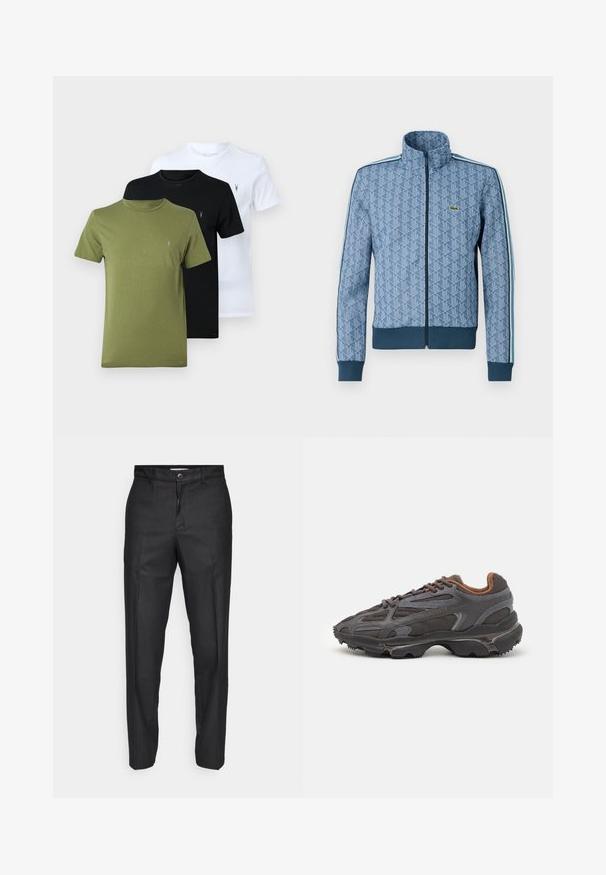 Modrá zipová bunda so geometrickým vzorom, s rebrovanými manžetami a lemom a kontrastnými bočnými pruhmi. Má malé logo na hrudi.; Tričko s krátkym rukávom v olivovej zelenej, čiernej a bielej farbe. Každé má okrúhly výstrih a malú značku na ľavej hrudi.; Čierne nohavice vyrobené z hladkej tkaniny, s predným zapínaním na gombík, rovnými nohavicami a bez viditeľných vreciek alebo vzorov.; Lacoste tenisky v tmavo sivej farbe z nylonu a syntetického materiálu, s textúrovanou podrážkou a hnedými akcentami na golieri a brandingu.