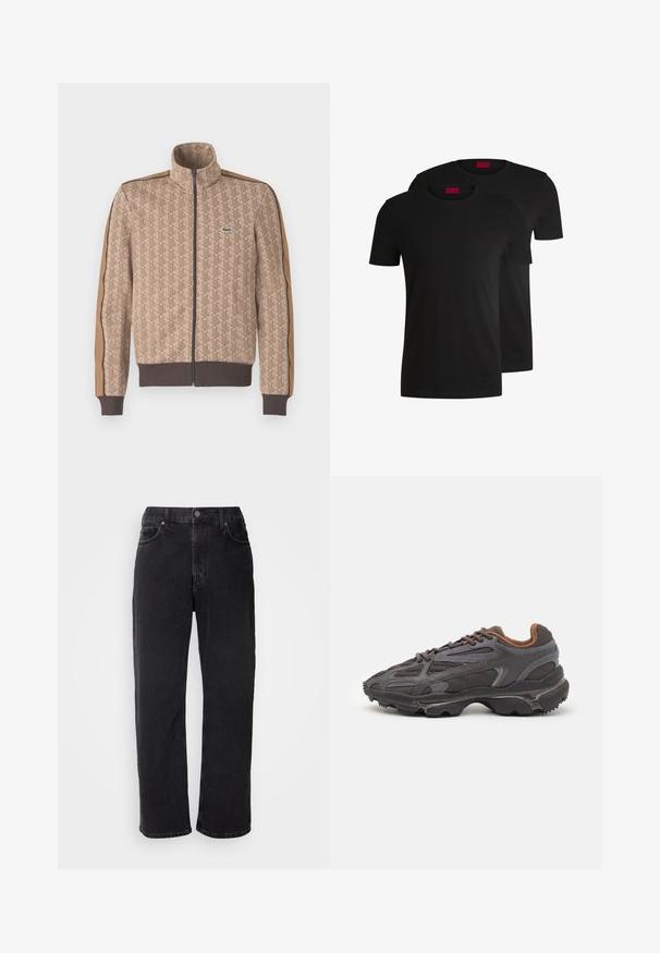 Beige zip-up jacket with geometric patterned texture, brown accents along sleeves, and a small green logo on the left chest area.; Two black cotton t-shirts with short sleeves and crew necks. Both feature a red brand label at the neckline. Simple, classic design.; Black denim jeans with a straight cut, five pockets, and contrasting stitching. Features a button closure and belt loops on the waistband.; Lacoste sneakers in dark gray with mesh and synthetic material, featuring a textured sole and brown accents on the collar and branding.