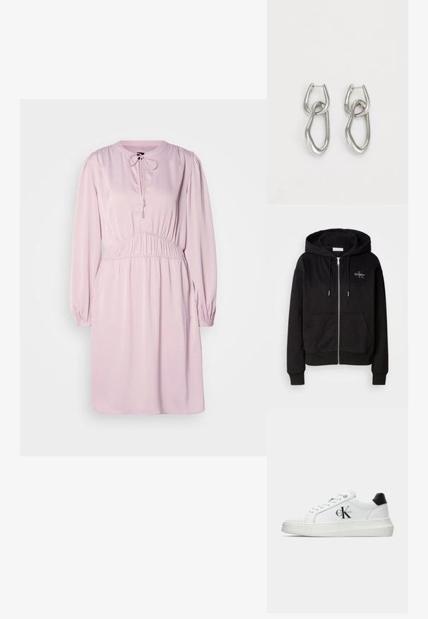 Must Black zip-up kapuutsiga, pehmest puuvilla segust, esitaskud ja hõbedased detailid. Calvin Kleini logo on õmmeldud rinna piirkonda.; Roosa pikkade varrukatega kleit ümmarguse kaelusega, nöörimise sulgemisega, volangvööga ja siledast kangast. Omab puhvärvusi ning lahedat lõiget.; Valge madalate sokkidega jooksutoss, millel on must konts, platvormi tallad, paelad ja Calvin Kleini "CK" logo küljel.; Calvin Klein STATEMENT LINKS - Kõrvarõngad - silver-coloured