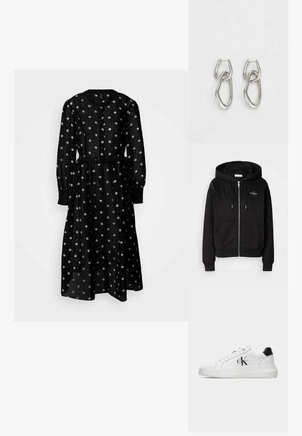 Haut à zip noir en mélange de coton doux, doté d'une capuche, de poches avant et de finitions en métal argenté. Logo Calvin Klein brodé sur la poitrine.; Robe noire à pois blancs en tissu transparent, dotée d'un devant boutonné, de manches longues, d'une taille ceinturée et d'une jupe fluide.; Baskets basses blanches avec un tab de talon noir, semelle plateforme, lacets et logo "CK" de Calvin Klein sur le côté.; Calvin Klein STATEMENT LINKS - Boucles d'oreilles - silver-coloured
