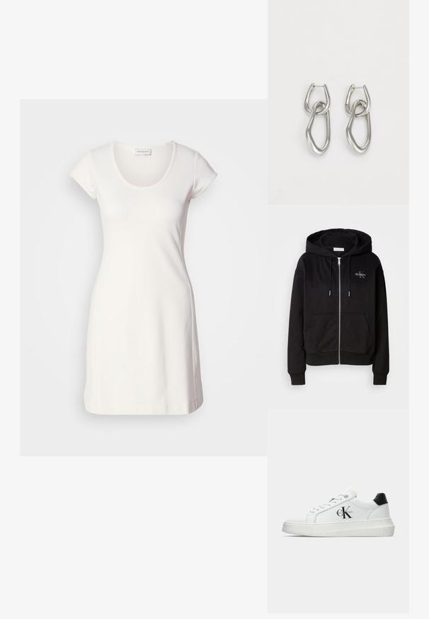 Fekete zipzáras kapucnis pulcsi puha pamut keverékből, kapucnival, elülső zsebekkel és ezüst színű fémalkatrészekkel. Calvin Klein logó hímzett a mellkason.; Fehér, rövid ujjú ruha sima, rugalmas anyagból, kerek nyakkivágással és testhez álló szabással, minimális varrással.; Fehér alacsony szárú edzőcipő fekete saroktabbal, platform talppal, fűzőkkel és Calvin Klein "CK" logóval az oldalán.; Calvin Klein STATEMENT LINKS - Fülbevalók - silver-coloured