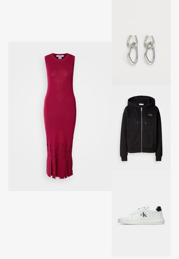 Juodas zip-up džemperis, pagamintas iš minkštos medvilnės mišinio, su kapišonu, priekinėmis kišenėmis ir sidabro spalvos detalėmis. Calvin Klein logotipas siuvinėti ant krūtinės.; Ilga, be rankovių suknelė, pagaminta iš griovelio triko audinio tamsiai rožinės spalvos, su franžo dizainu apatinėje dalyje ir išpjovomis.; Balti žemakulniai bateliai su juodu kulno dangteliu, platformos padu, raišteliais ir Calvin Klein "CK" logotipu šone.; Calvin Klein STATEMENT LINKS - Auskarai - silver-coloured